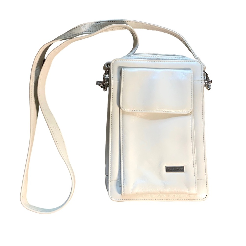 WILSON LEATHER Pella Studio White Crossbody Cell Phone Organizer with Zi…